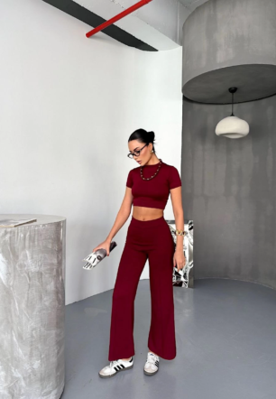 Kadın Osy Modal Yumuşak Dokulu Kumaş Kısa Kollu Crop Alt ispanyol Paça Pantalon ikili Takım - Bordo