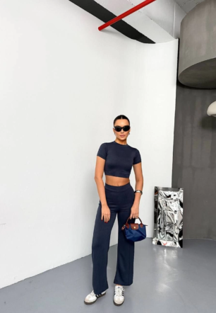 Kadın Osy Modal Yumuşak Dokulu Kumaş Kısa Kollu Crop Alt ispanyol Paça Pantalon ikili Takım - Füme