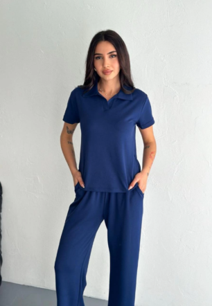 Kadın Osy Modal Yumuşak Dokulu Kısa Kollu Yakalı Pantalon ikili Takım - Lacivert