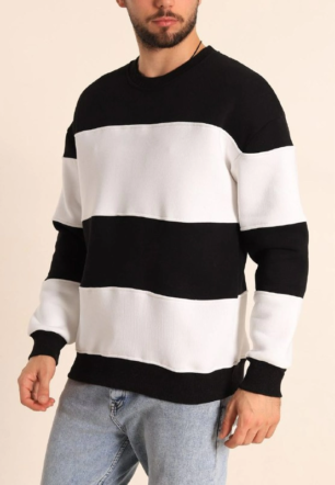 Erkek üç iplik pamuklu Parçalı Bisiklet Yaka Baskılı SweatShirt - Siyah