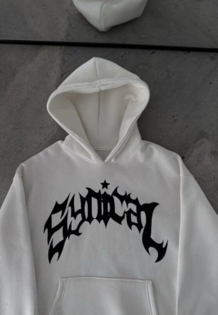 Erkek üç iplik pamuklu Kışlık Kapüşonlu Baskılı Oversize SweatShirt- Beyaz