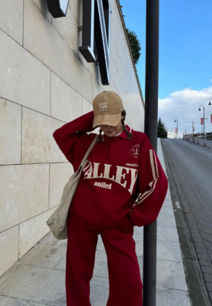 Kadın Üç İplik Pamuklu Yakalı Sweat Baggy Pantalonlu Takım - Bordo