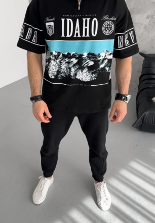 Erkek Baskılı Yarım Fermuarlı Kısa kol T-Shirt - Siyah