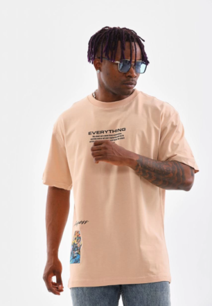 Erkek Bisiklet Yaka Baskılı Oversize T-Shirt - Bej