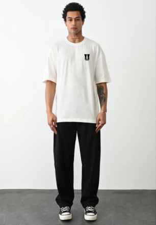 Erkek Bisiklet Yaka Baskılı Oversize T-Shirt - Beyaz