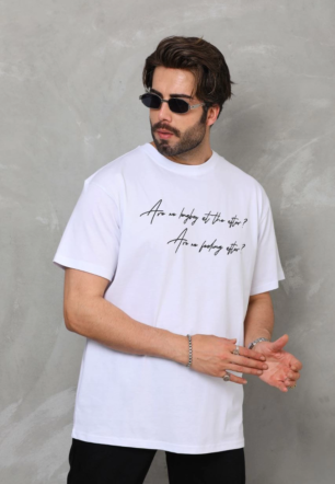 Erkek Bisiklet Yaka Baskılı Oversize T-Shirt - Beyaz