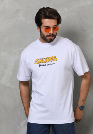 Erkek Bisiklet Yaka Baskılı Oversize T-Shirt - Beyaz