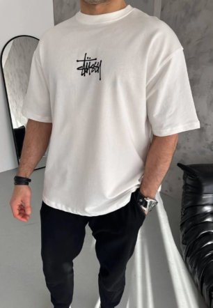 Bisiklet Yaka Baskılı Oversize Kısa kol T-Shirt - Beyaz