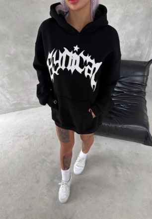 Kadın Üç İplik Kapüşonlu Baskılı SweatShirt - Siyah