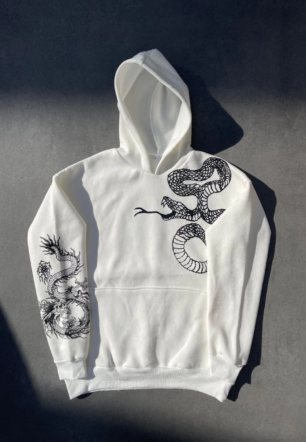 Erkek üç iplik pamuklu Kapüşonlu Baskılı SweatShirt - Beyaz