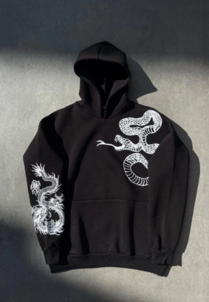 Erkek üç iplik pamuklu Kapüşonlu Baskılı SweatShirt - Siyah