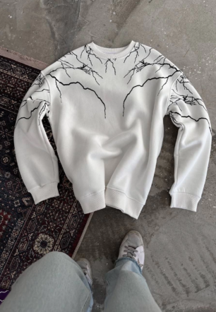 Kadın üç iplik pamuklu Yıldırım Baskılı Bisiklet Yaka SweatShirt - Beyaz